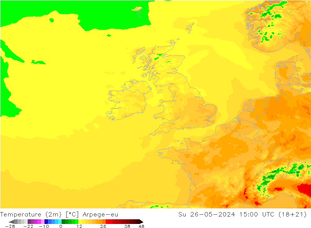 Temperatuurkaart (2m) Arpege-eu zo 26.05.2024 15 UTC