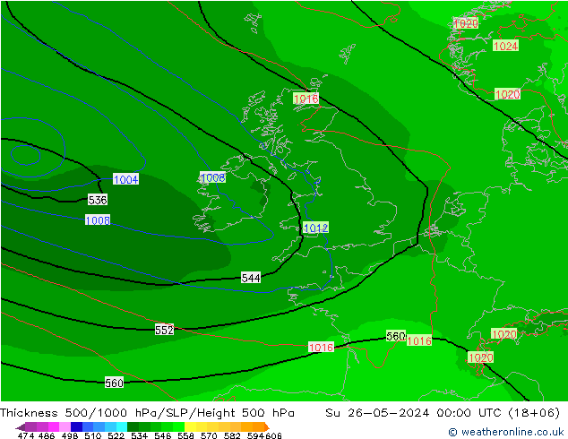 Espesor 500-1000 hPa Arpege-eu dom 26.05.2024 00 UTC