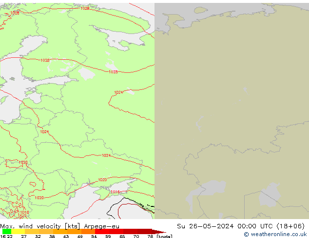 Max. wind snelheid Arpege-eu zo 26.05.2024 00 UTC