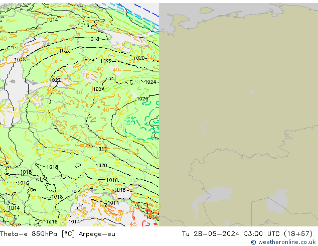 Theta-e 850hPa Arpege-eu Tu 28.05.2024 03 UTC