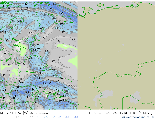 RH 700 hPa Arpege-eu Tu 28.05.2024 03 UTC