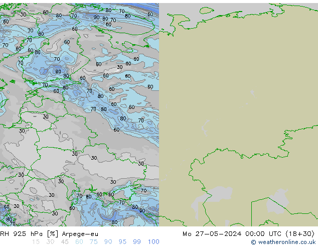Humidité rel. 925 hPa Arpege-eu lun 27.05.2024 00 UTC