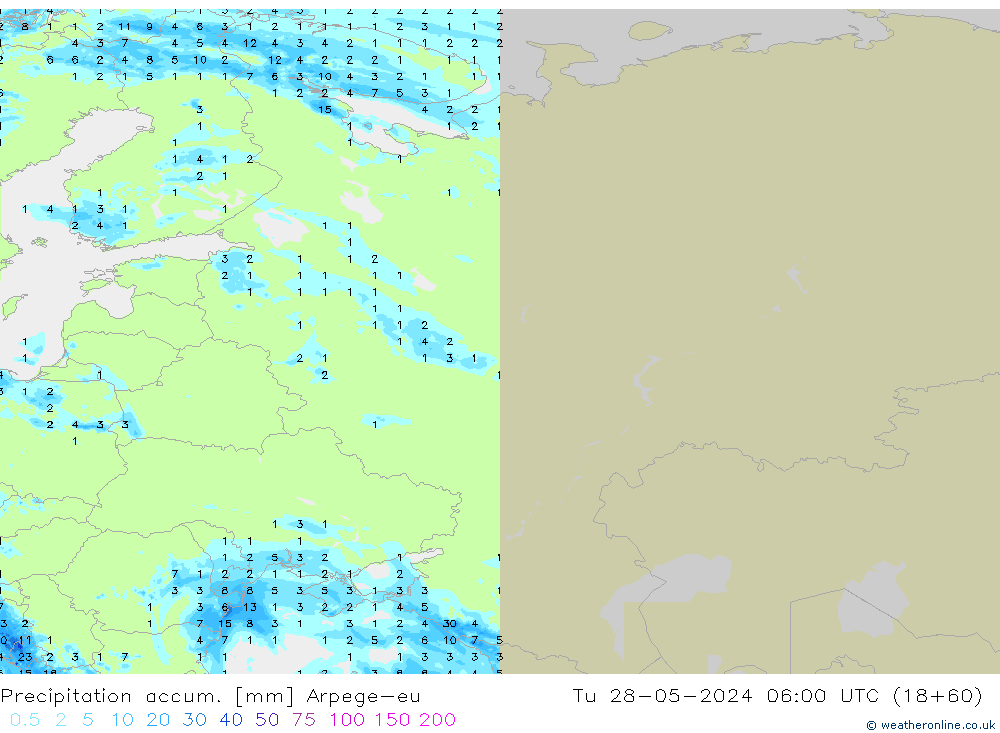 Precipitation accum. Arpege-eu wto. 28.05.2024 06 UTC