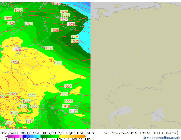 Thck 850-1000 гПа Arpege-eu Вс 26.05.2024 18 UTC