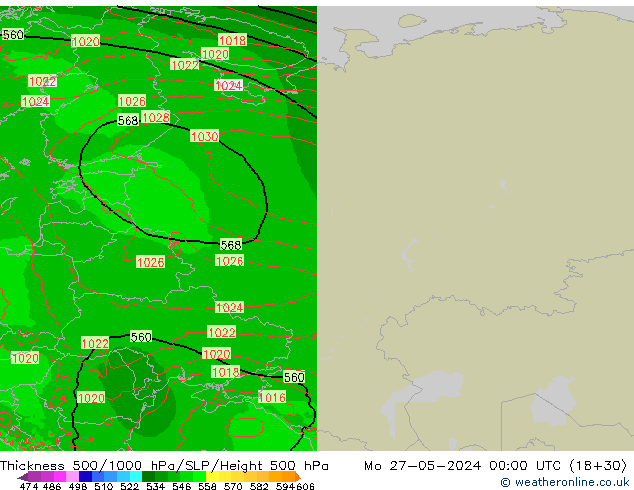 Schichtdicke 500-1000 hPa Arpege-eu Mo 27.05.2024 00 UTC