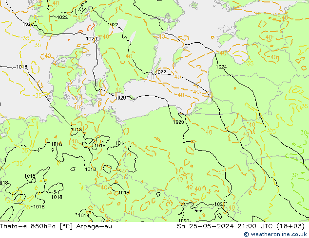 Theta-e 850hPa Arpege-eu sam 25.05.2024 21 UTC