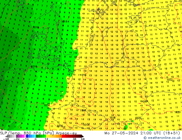 SLP/Temp. 850 hPa Arpege-eu lun 27.05.2024 21 UTC