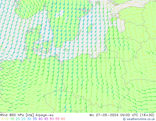 Wind 850 hPa Arpege-eu Mo 27.05.2024 00 UTC