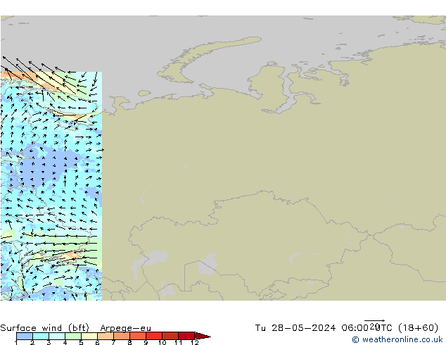 Surface wind (bft) Arpege-eu Tu 28.05.2024 06 UTC