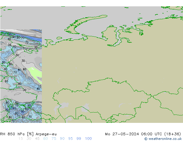 Humedad rel. 850hPa Arpege-eu lun 27.05.2024 06 UTC