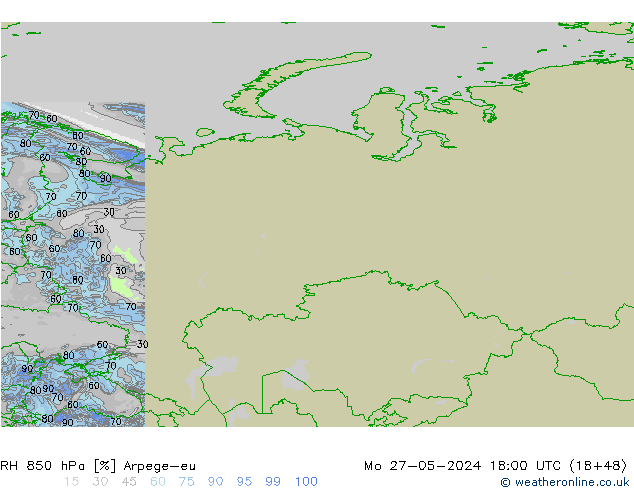 RH 850 hPa Arpege-eu Mo 27.05.2024 18 UTC