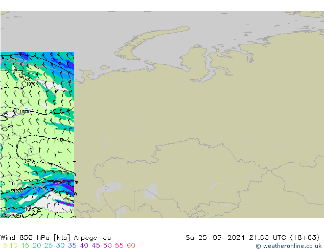 ветер 850 гПа Arpege-eu сб 25.05.2024 21 UTC