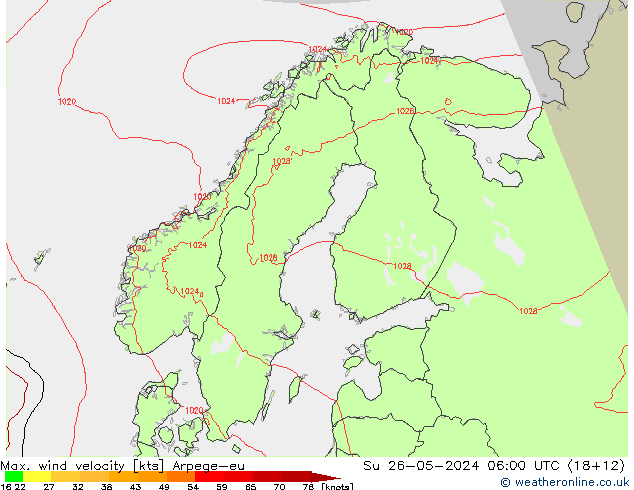 Max. wind velocity Arpege-eu Su 26.05.2024 06 UTC