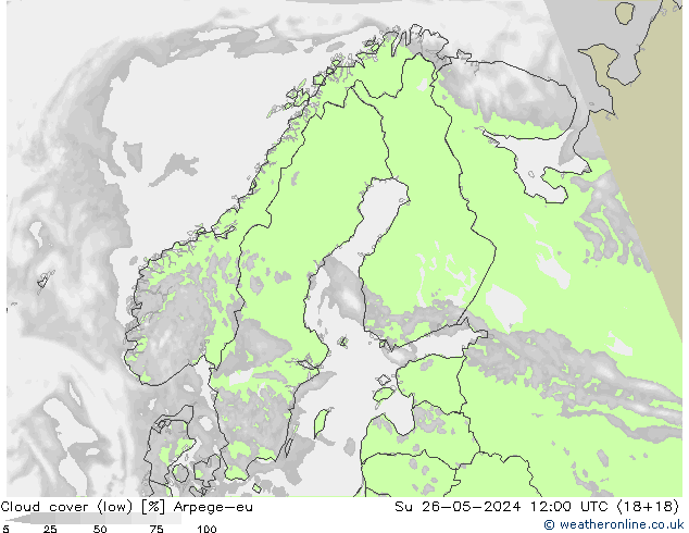 Cloud cover (low) Arpege-eu Su 26.05.2024 12 UTC