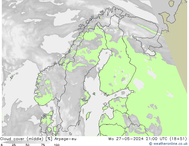 Cloud cover (middle) Arpege-eu Mo 27.05.2024 21 UTC