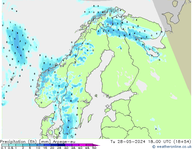 Totale neerslag (6h) Arpege-eu di 28.05.2024 00 UTC