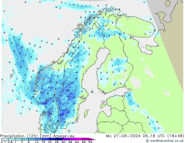 Totale neerslag (12h) Arpege-eu ma 27.05.2024 18 UTC