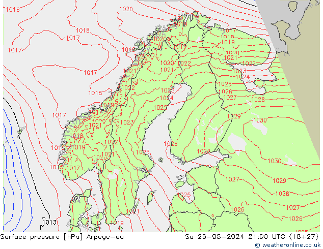 Surface pressure Arpege-eu Su 26.05.2024 21 UTC