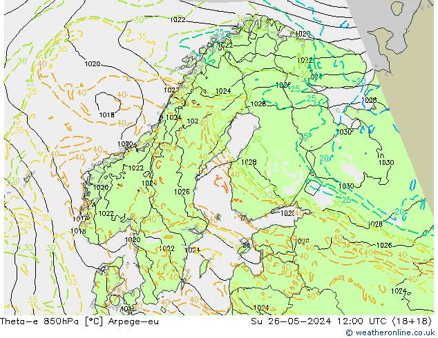 Theta-e 850hPa Arpege-eu Su 26.05.2024 12 UTC