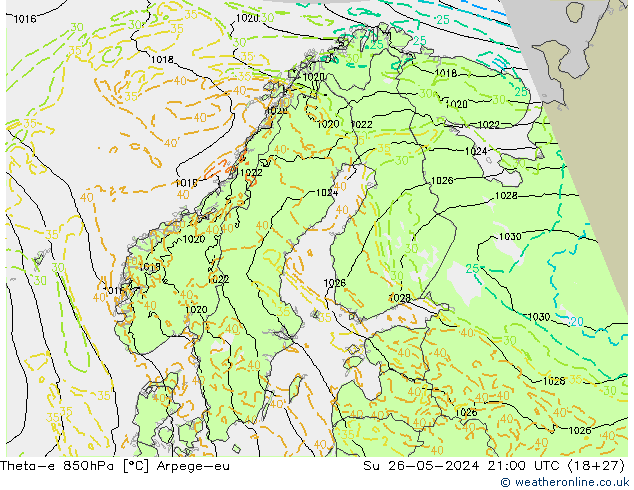 Theta-e 850hPa Arpege-eu Su 26.05.2024 21 UTC