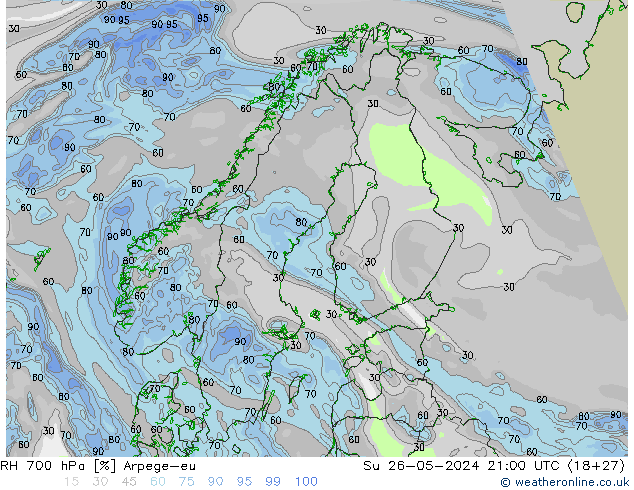 RH 700 hPa Arpege-eu Su 26.05.2024 21 UTC