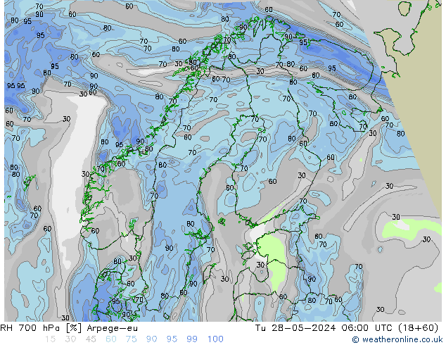 RH 700 hPa Arpege-eu Tu 28.05.2024 06 UTC