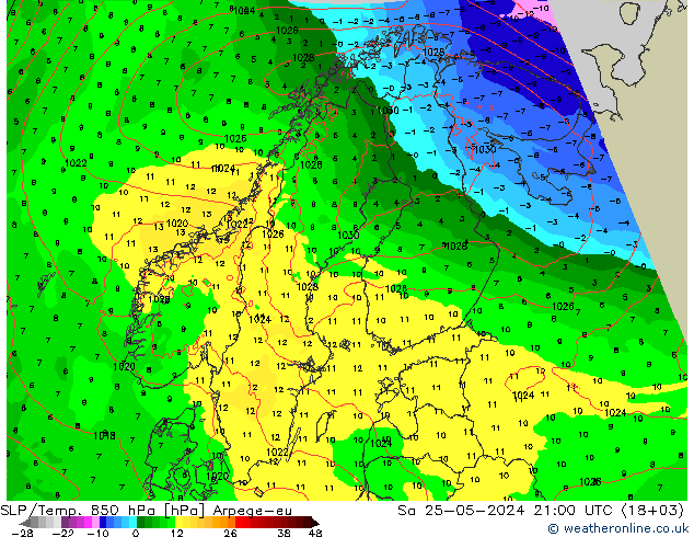 SLP/Temp. 850 hPa Arpege-eu sáb 25.05.2024 21 UTC