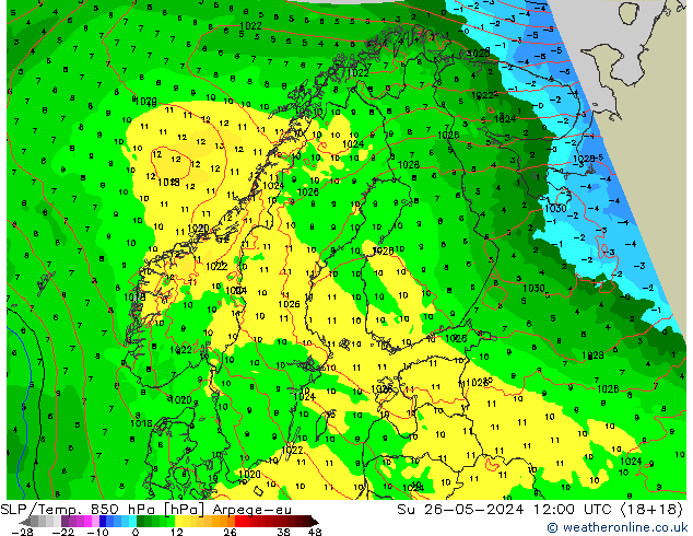 SLP/Temp. 850 hPa Arpege-eu Su 26.05.2024 12 UTC