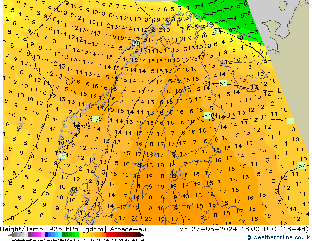 Height/Temp. 925 гПа Arpege-eu пн 27.05.2024 18 UTC