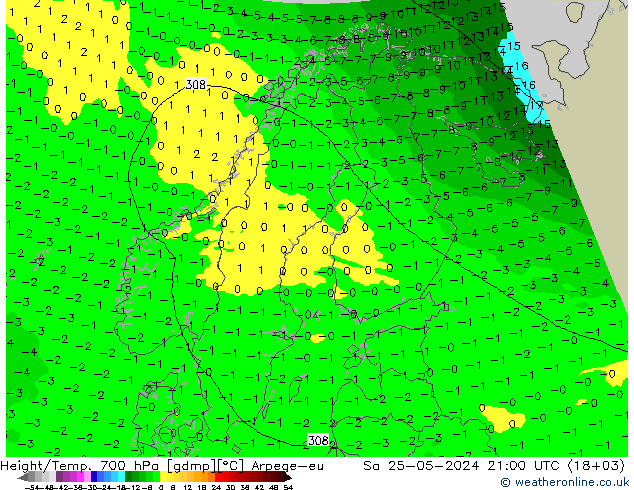 Geop./Temp. 700 hPa Arpege-eu sáb 25.05.2024 21 UTC