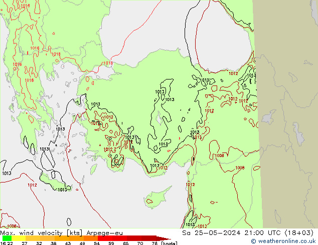 Max. wind snelheid Arpege-eu za 25.05.2024 21 UTC