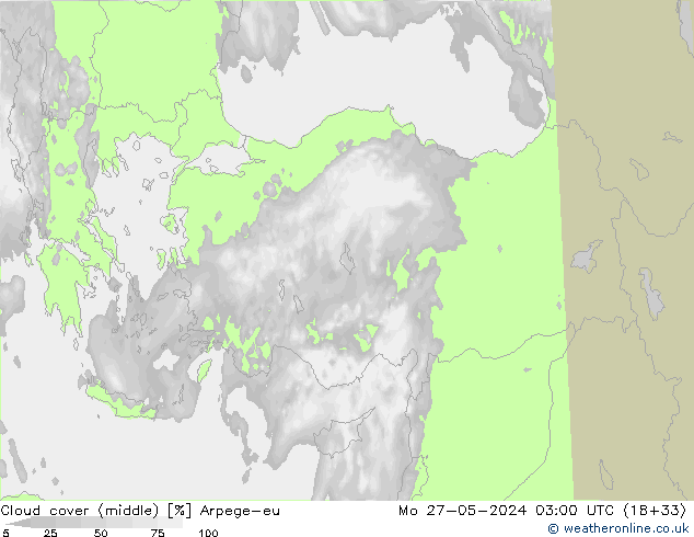 Cloud cover (middle) Arpege-eu Mo 27.05.2024 03 UTC