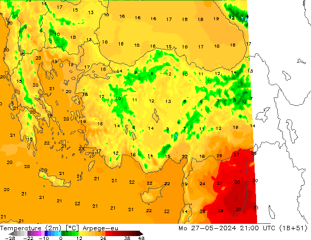 Sıcaklık Haritası (2m) Arpege-eu Pzt 27.05.2024 21 UTC