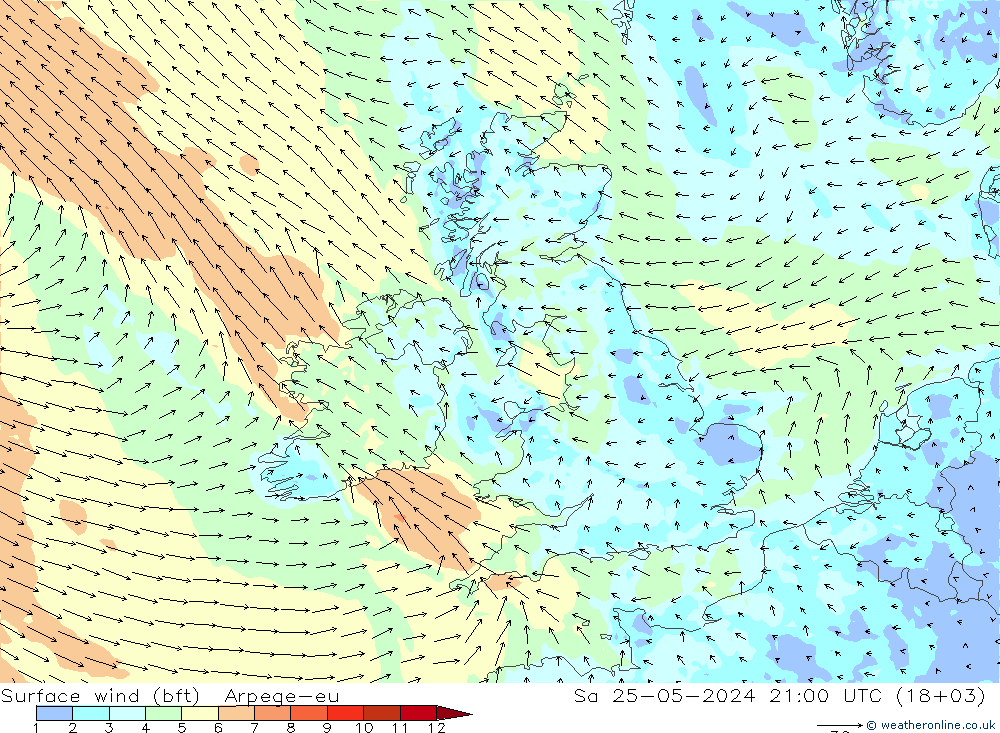 Surface wind (bft) Arpege-eu Sa 25.05.2024 21 UTC