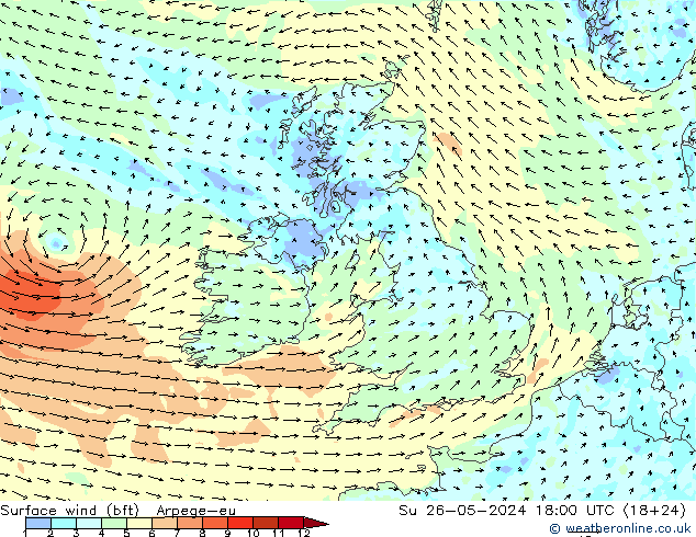 Wind 10 m (bft) Arpege-eu zo 26.05.2024 18 UTC