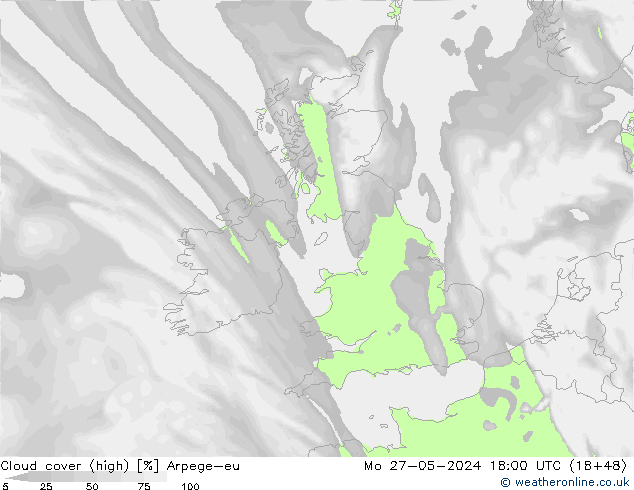 Cloud cover (high) Arpege-eu Mo 27.05.2024 18 UTC