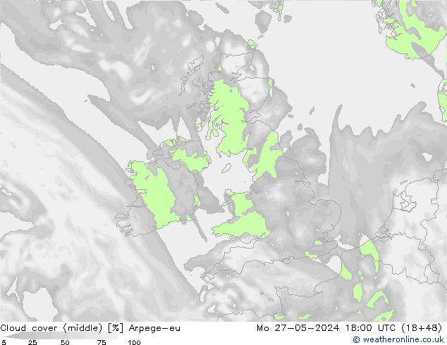 Cloud cover (middle) Arpege-eu Mo 27.05.2024 18 UTC