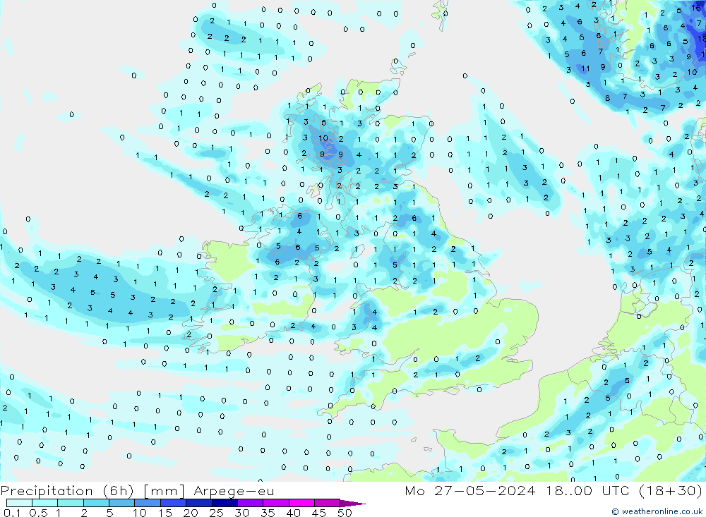 Precipitation (6h) Arpege-eu Mo 27.05.2024 00 UTC