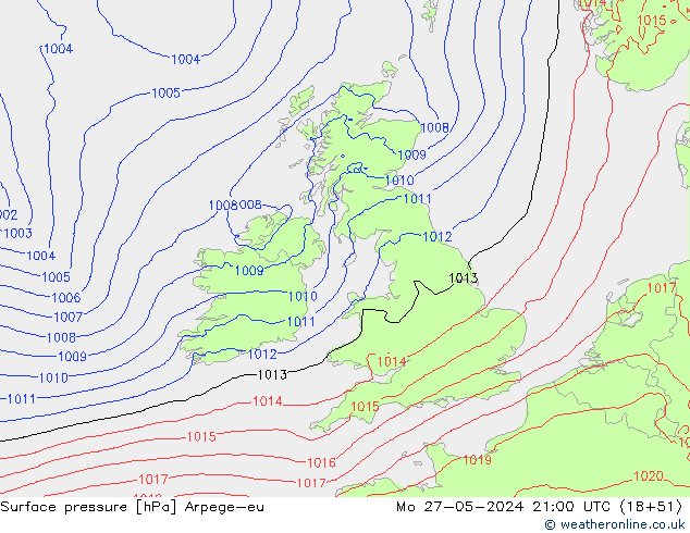 Surface pressure Arpege-eu Mo 27.05.2024 21 UTC