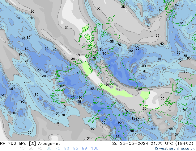 Humidité rel. 700 hPa Arpege-eu sam 25.05.2024 21 UTC