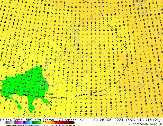 Height/Temp. 850 гПа Arpege-eu Вс 26.05.2024 18 UTC