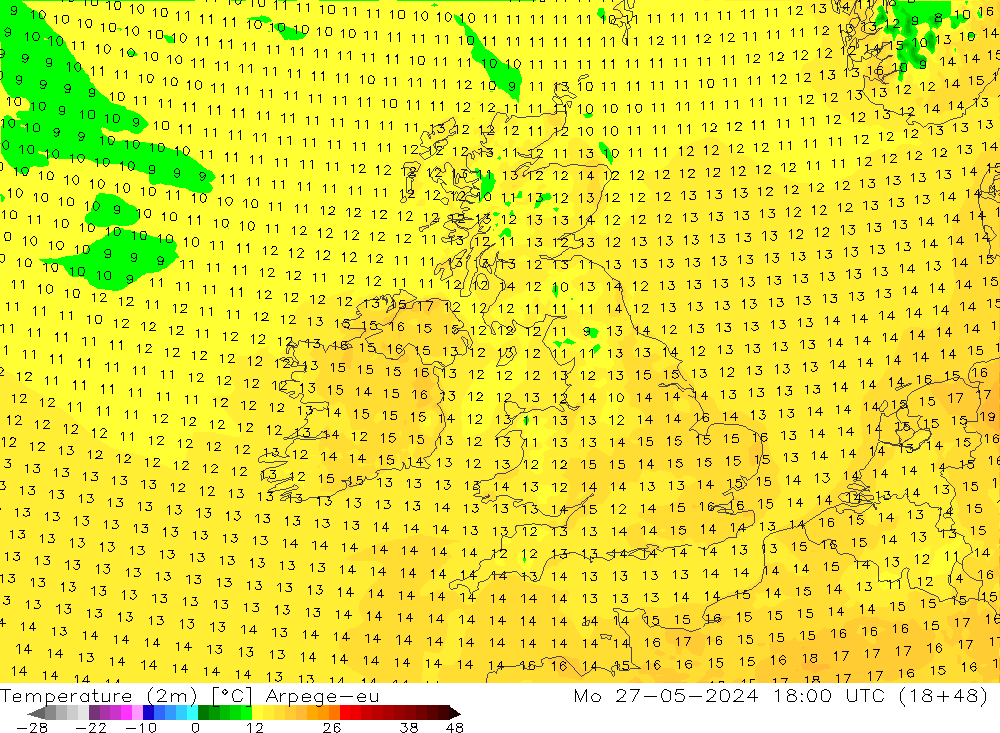 mapa temperatury (2m) Arpege-eu pon. 27.05.2024 18 UTC