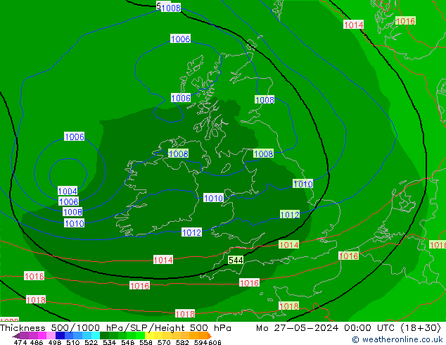 Espesor 500-1000 hPa Arpege-eu lun 27.05.2024 00 UTC