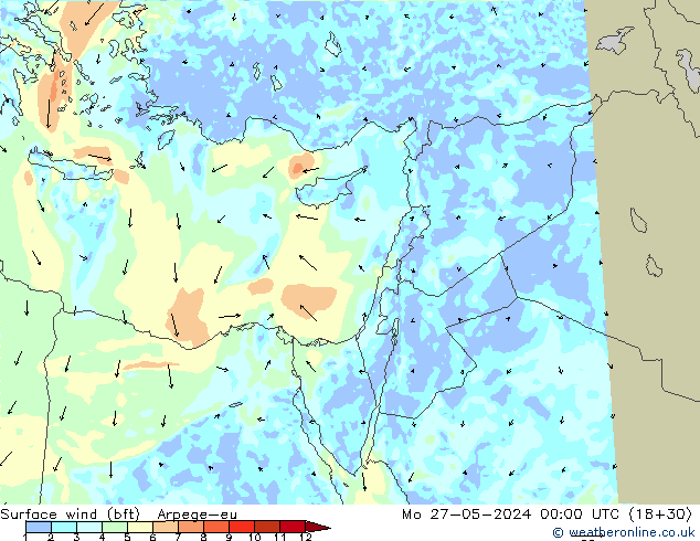 Surface wind (bft) Arpege-eu Po 27.05.2024 00 UTC