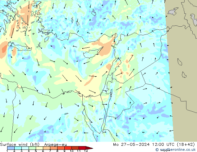 Surface wind (bft) Arpege-eu Mo 27.05.2024 12 UTC