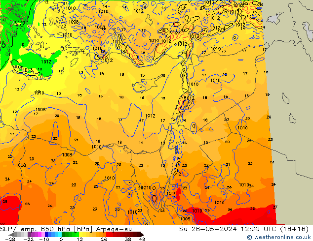 SLP/Temp. 850 hPa Arpege-eu  26.05.2024 12 UTC