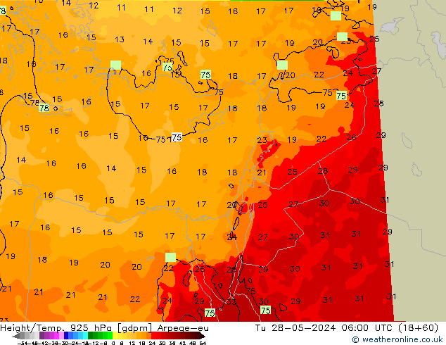 Géop./Temp. 925 hPa Arpege-eu mar 28.05.2024 06 UTC