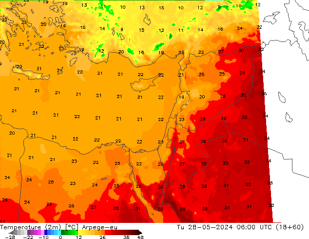 température (2m) Arpege-eu mar 28.05.2024 06 UTC