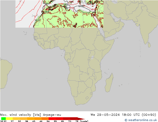 Max. wind velocity Arpege-eu St 29.05.2024 18 UTC
