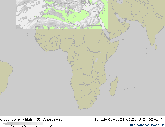 Cloud cover (high) Arpege-eu Tu 28.05.2024 06 UTC